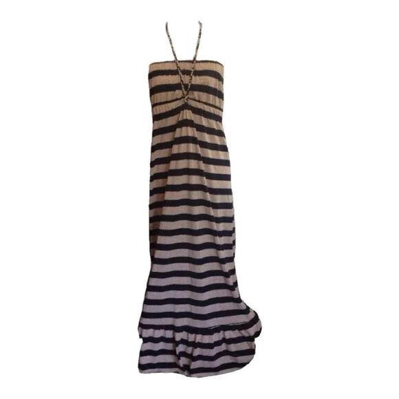 MAXI DRESS Braided Optional STRAPS ELASTIC WAIST Tie NAVY BLUE TAN Striped - Picture 1 of 4